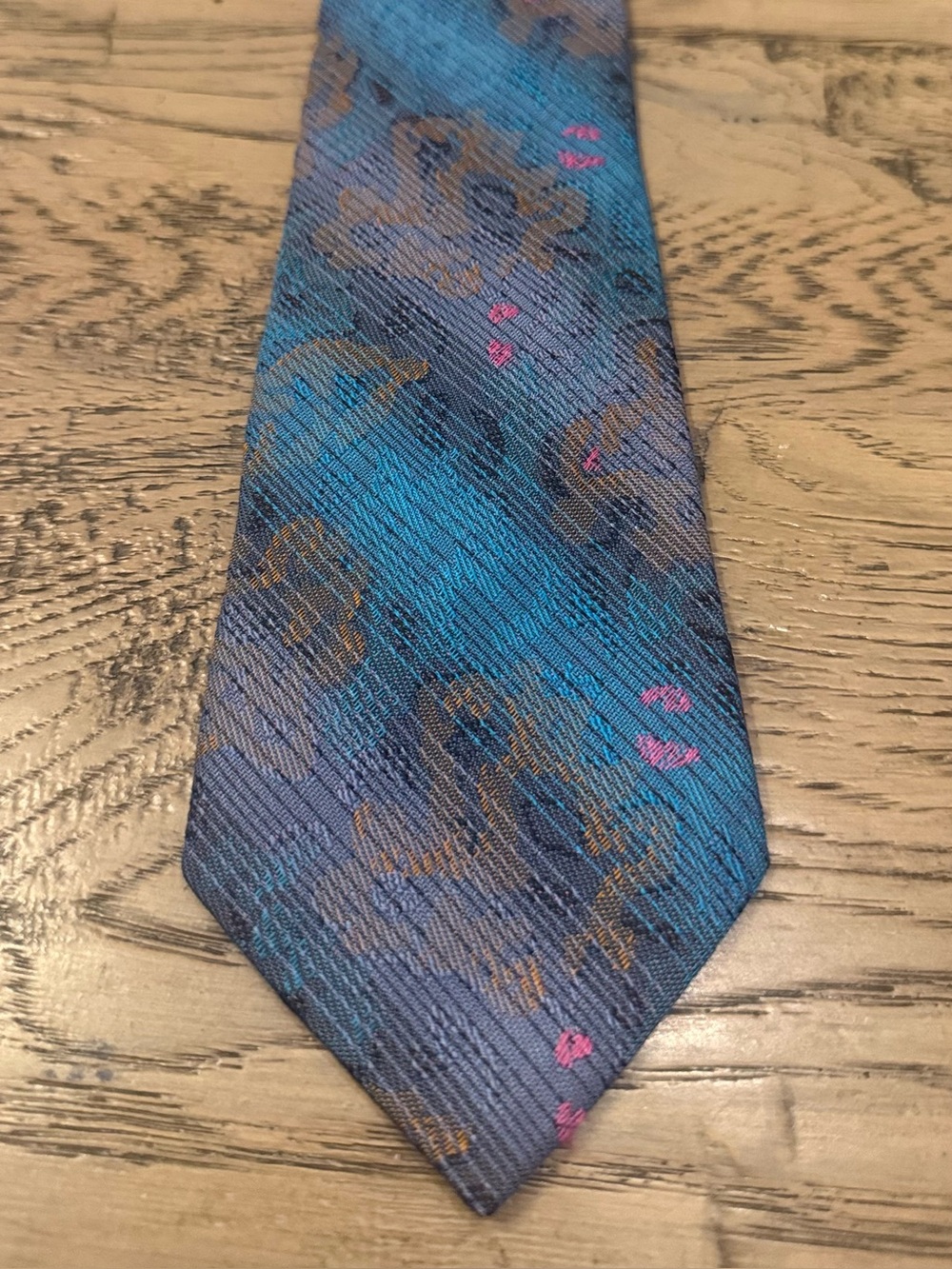 Versace Blue Silk Tie with Pink and Brown Motifs